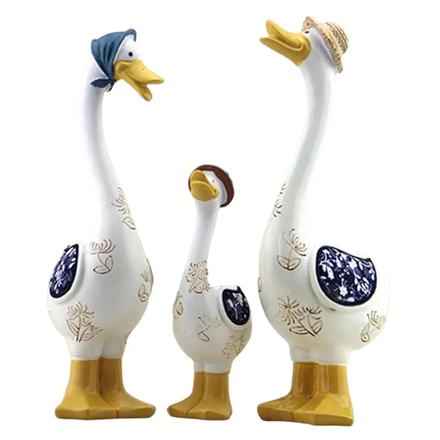 Whimsical Geese Collection"*: A title emphasizing the charming, decorative aspect of the figurines.